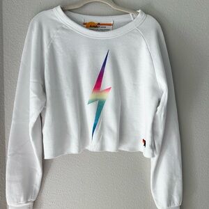 White Aviator Nation Cropped Sweater with Bolt. Size M